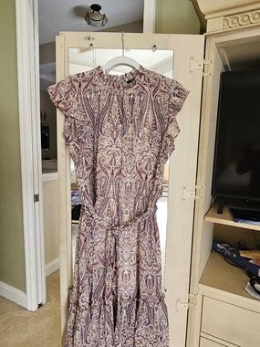 Ann Taylor Factory Mauve Paisley Tiered Maxi Dress with Tie Waist